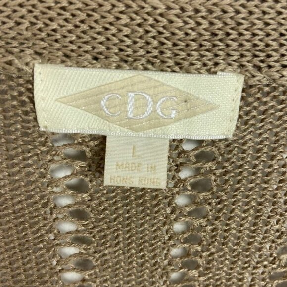 Vintage CDG 100% Linen Tan Knit Cardigan Sweater Cutout Lightweight Hong Kong L - Picture 2 of 13